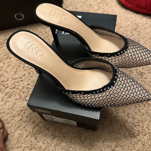INC International Concepts Shoes - INC International Concepts Black and Silver Mesh Pointed Heels